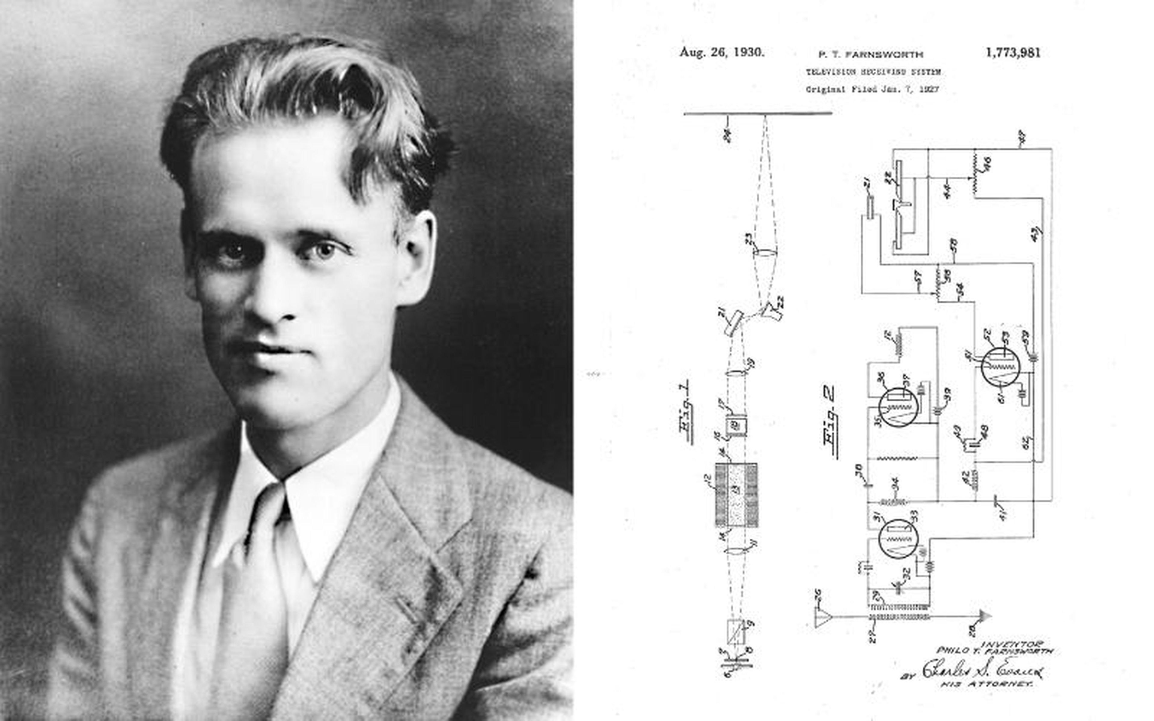 Though not the first to develop a working television, Philo T. Farnsworth invigorated the industry with an all-electronic concept that did not rely on moving parts to produce images. (Image sources: Left: philointhehall, Right: Google Patents)
