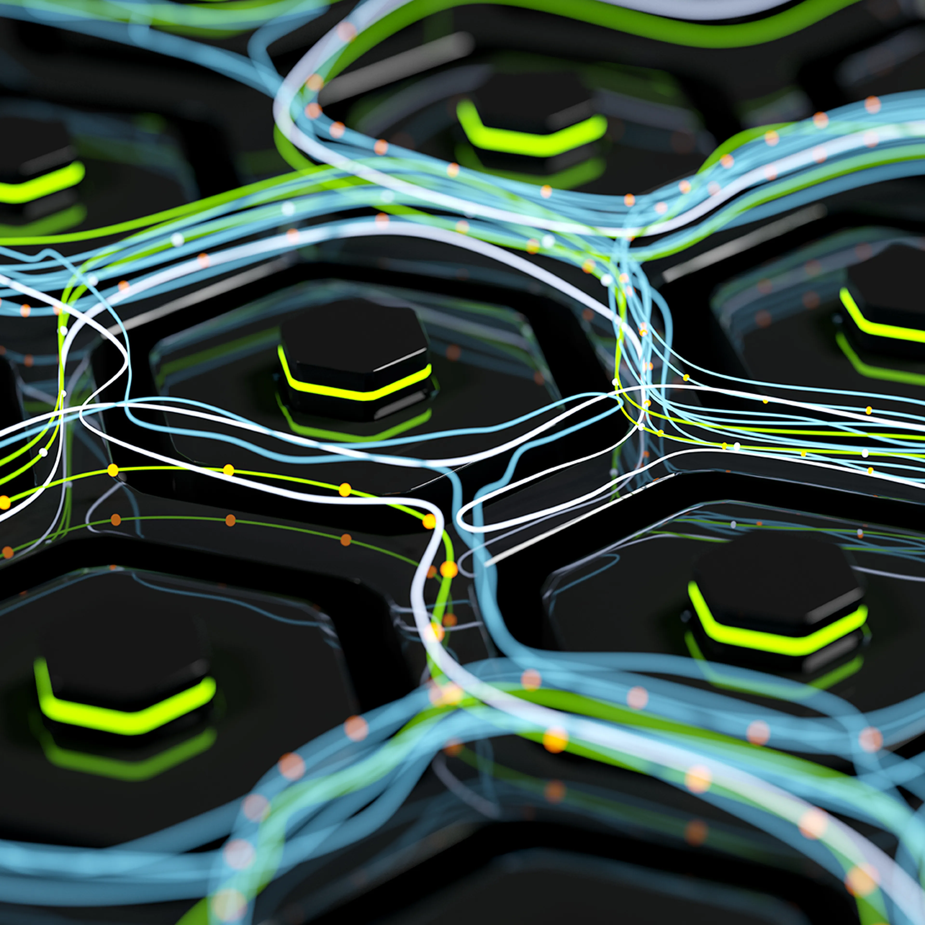 Abstract image of hexagonal shapes with glowing green edges, interconnected by blue and white lines with small orange dots.
