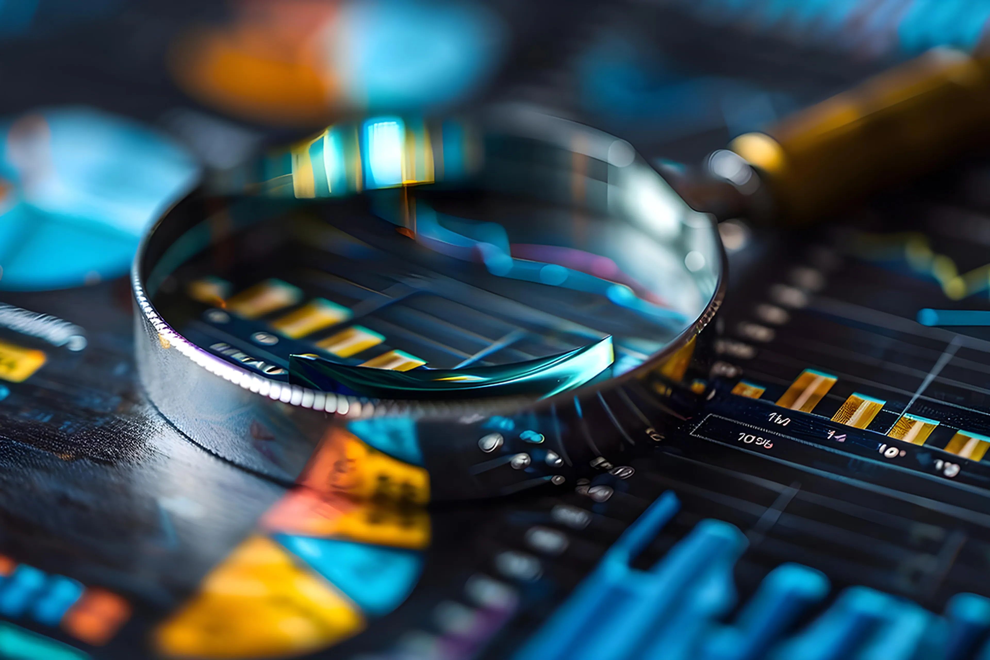 A magnifying glass is placed over colorful financial charts and graphs, emphasizing data analysis and examination.