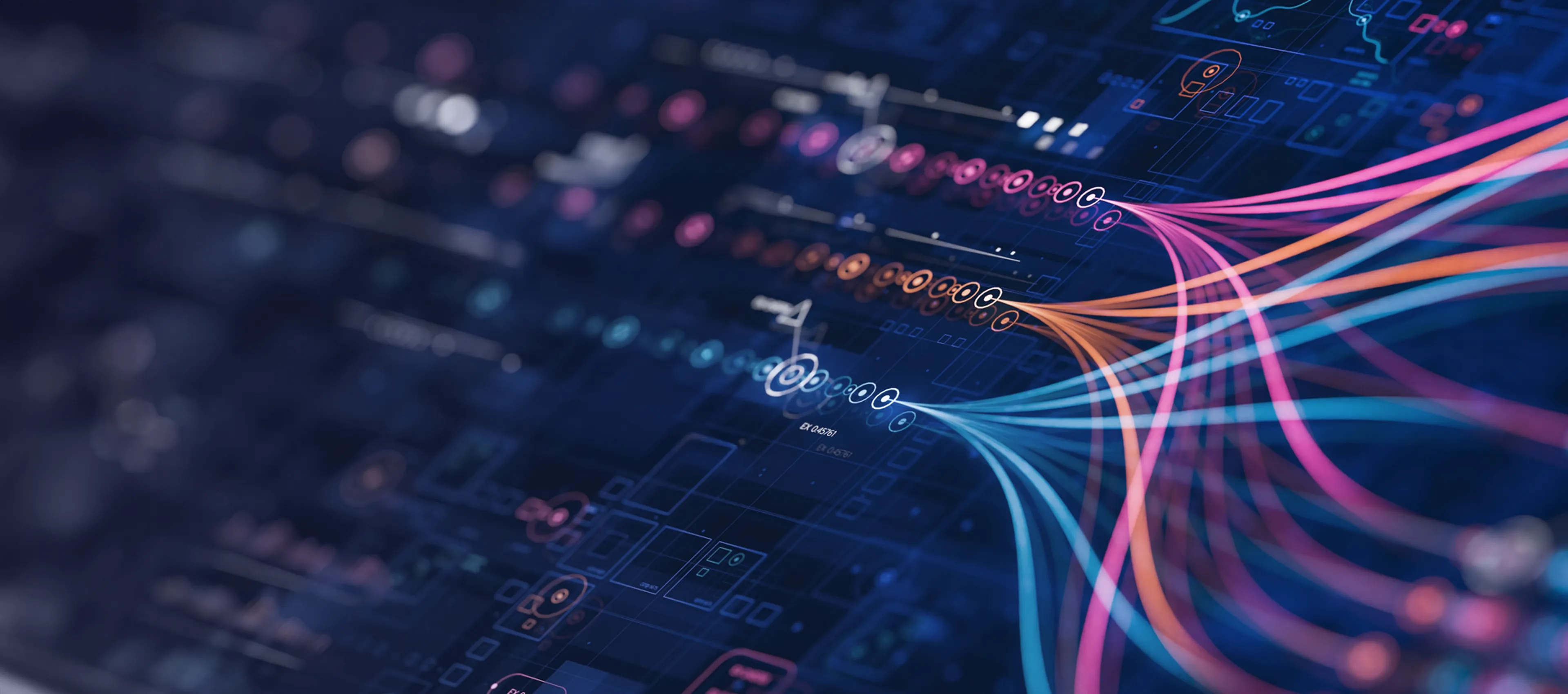 Abstract digital circuitry with colorful lines and nodes on a dark blue background, representing a complex network or data flow.