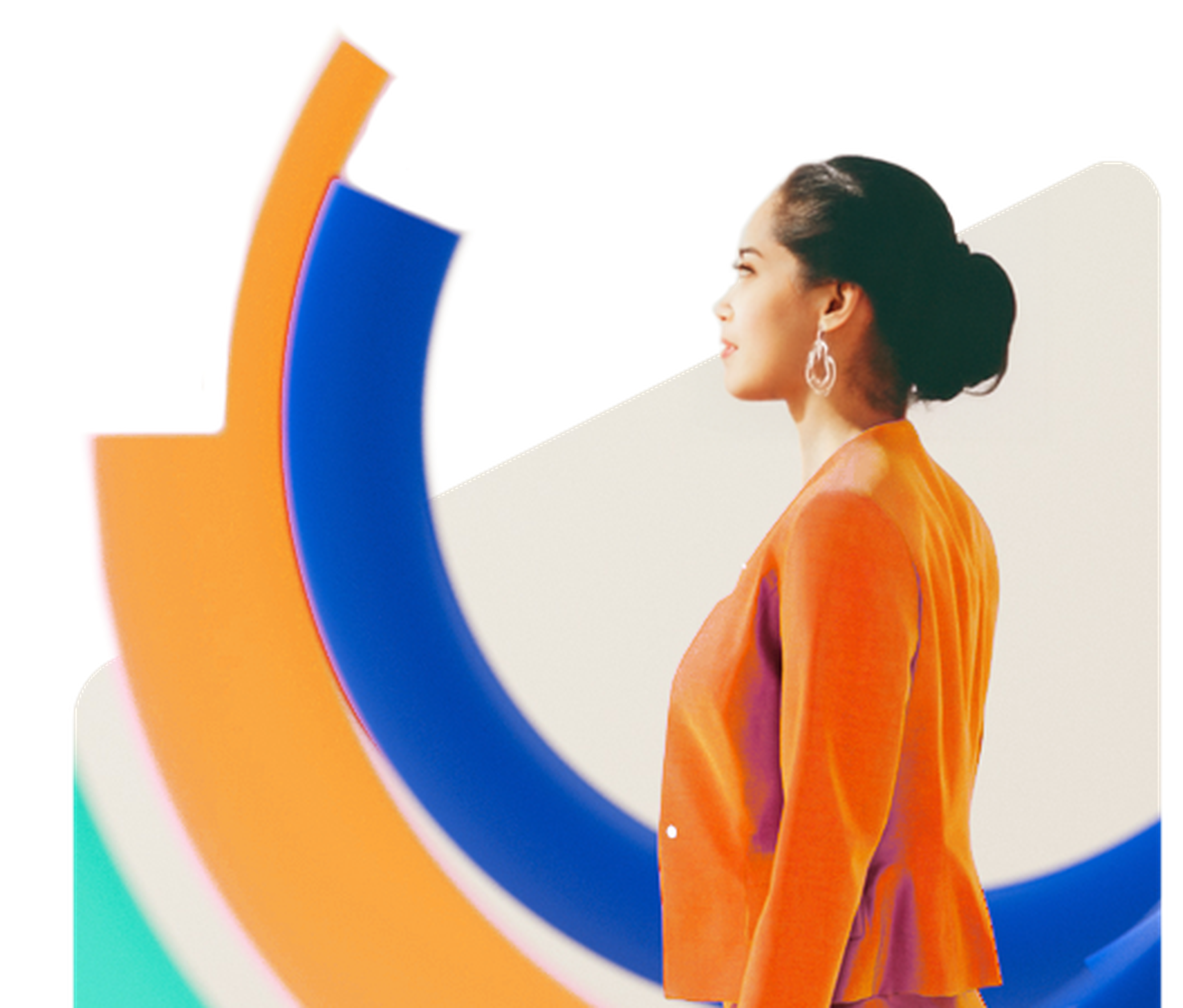 Woman in an orange jacket stands in profile, with colorful abstract shapes in the background.