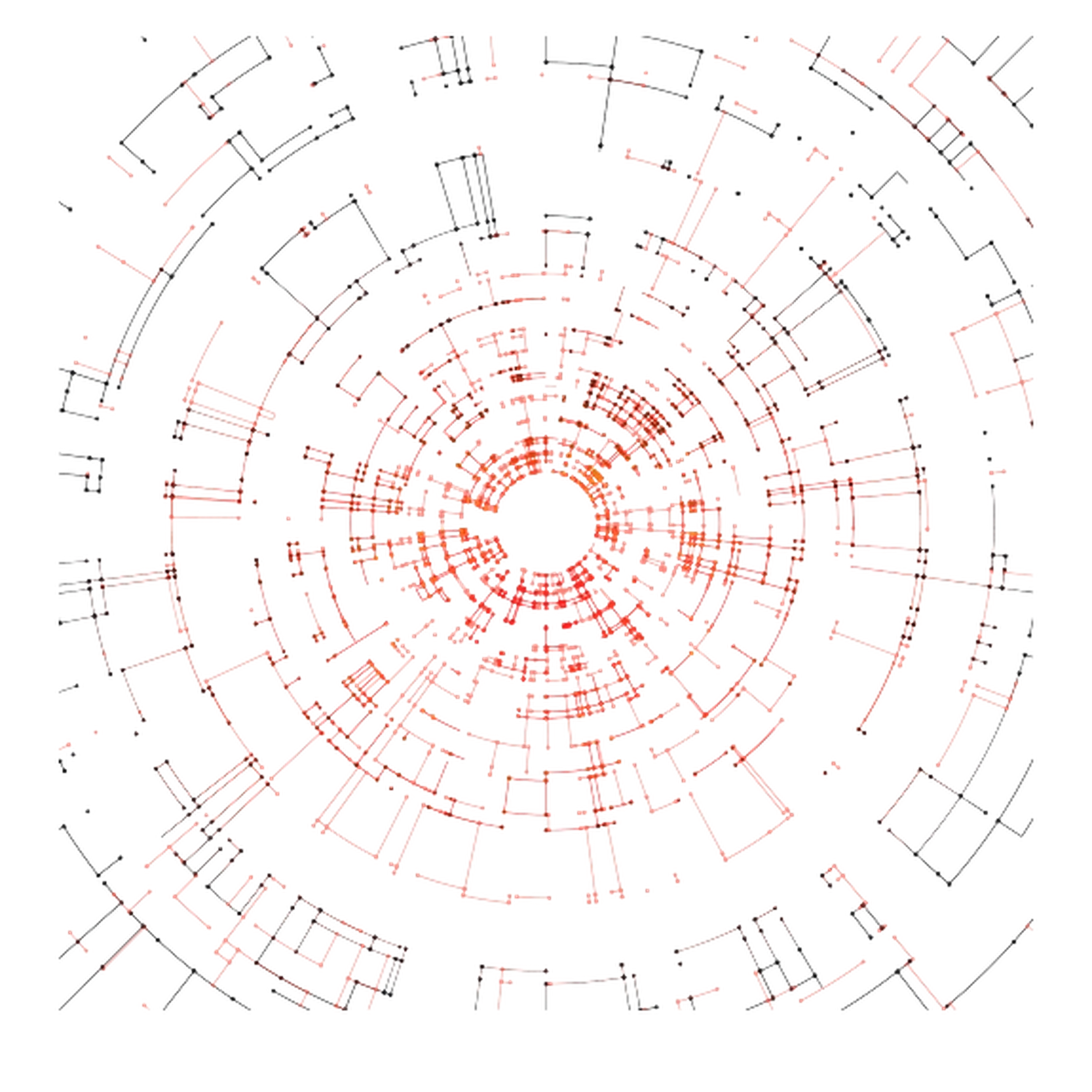 Abstract circular pattern with red and black lines forming intricate, interconnected geometric shapes on a light background.