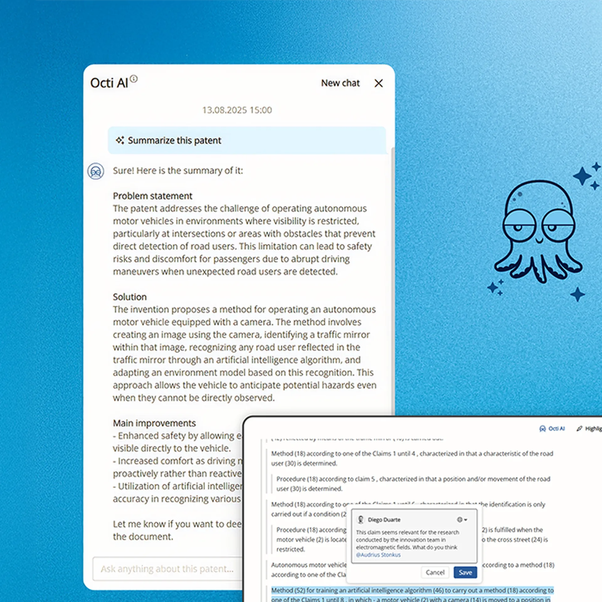 A digital interface showing a chat summarizing a patent