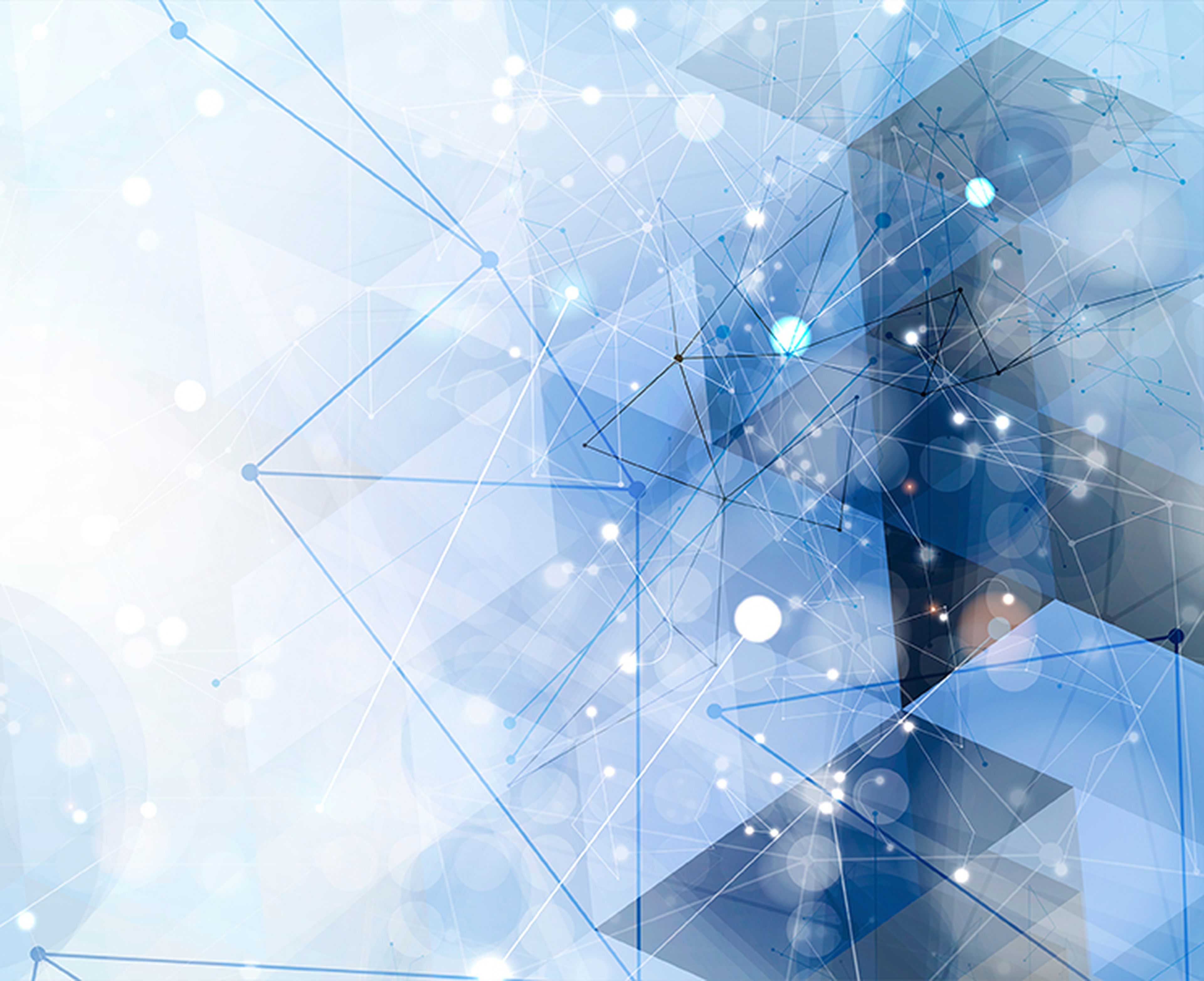 Abstract geometric background with interconnected lines, nodes, and soft glowing circles in shades of blue and white.
