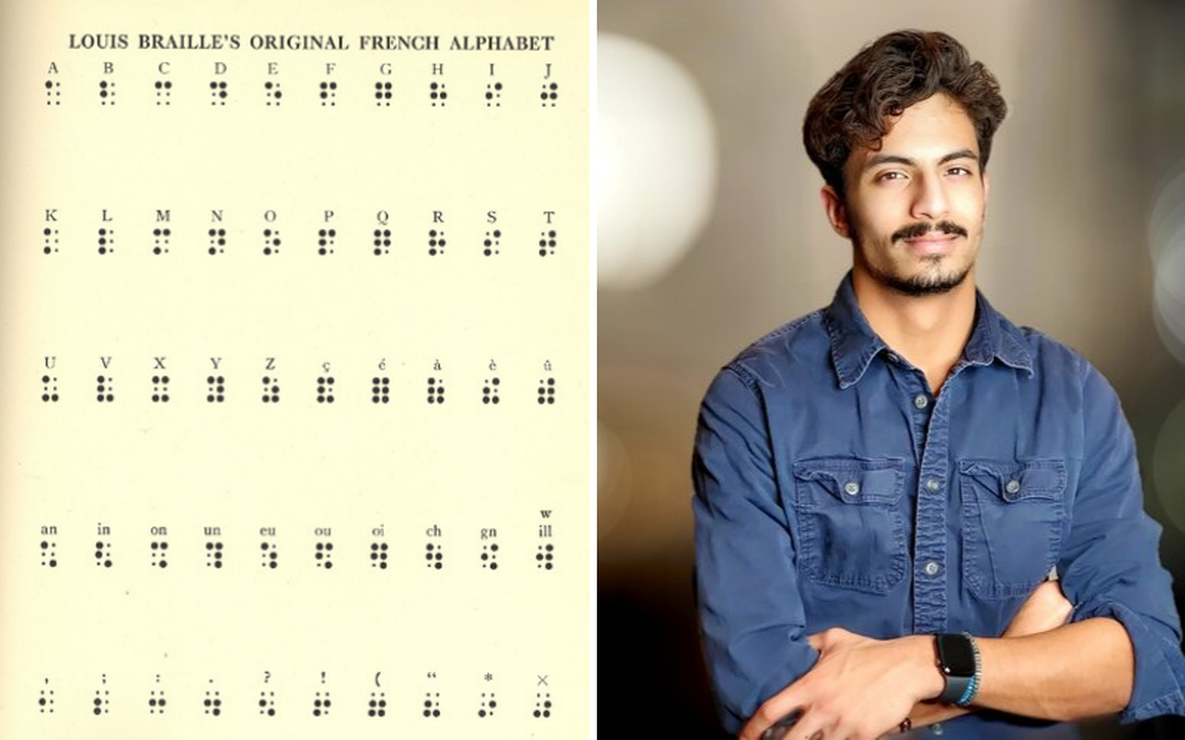 Left: First version of French braille code, ca. 1824 (Source: Wikimedia Commons). Right: Shubham Banerjee, who has shared his innovation with the world for free. (Image source: www.shu.today)